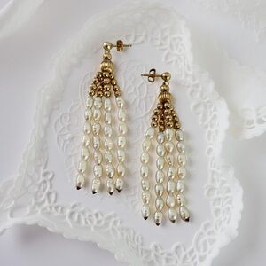 Vintage Genuine Pearl & Solid 14K Gold Dangle Earrings – 2.5” | 6.64g | Signed